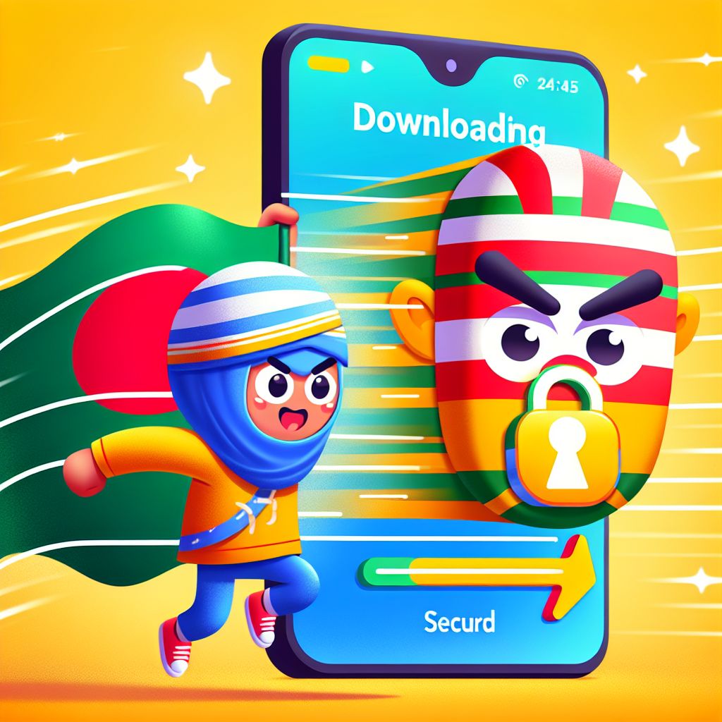 Cartoon character holding a smartphone with 888bed app interface elements and secure icons