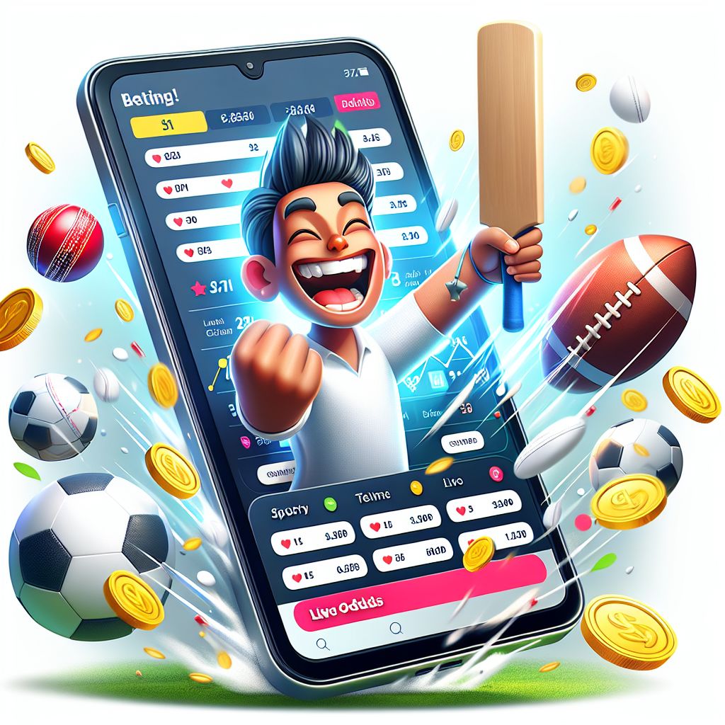 Cartoon bettor with a phone showing live odds, cricket and football icons, and coins