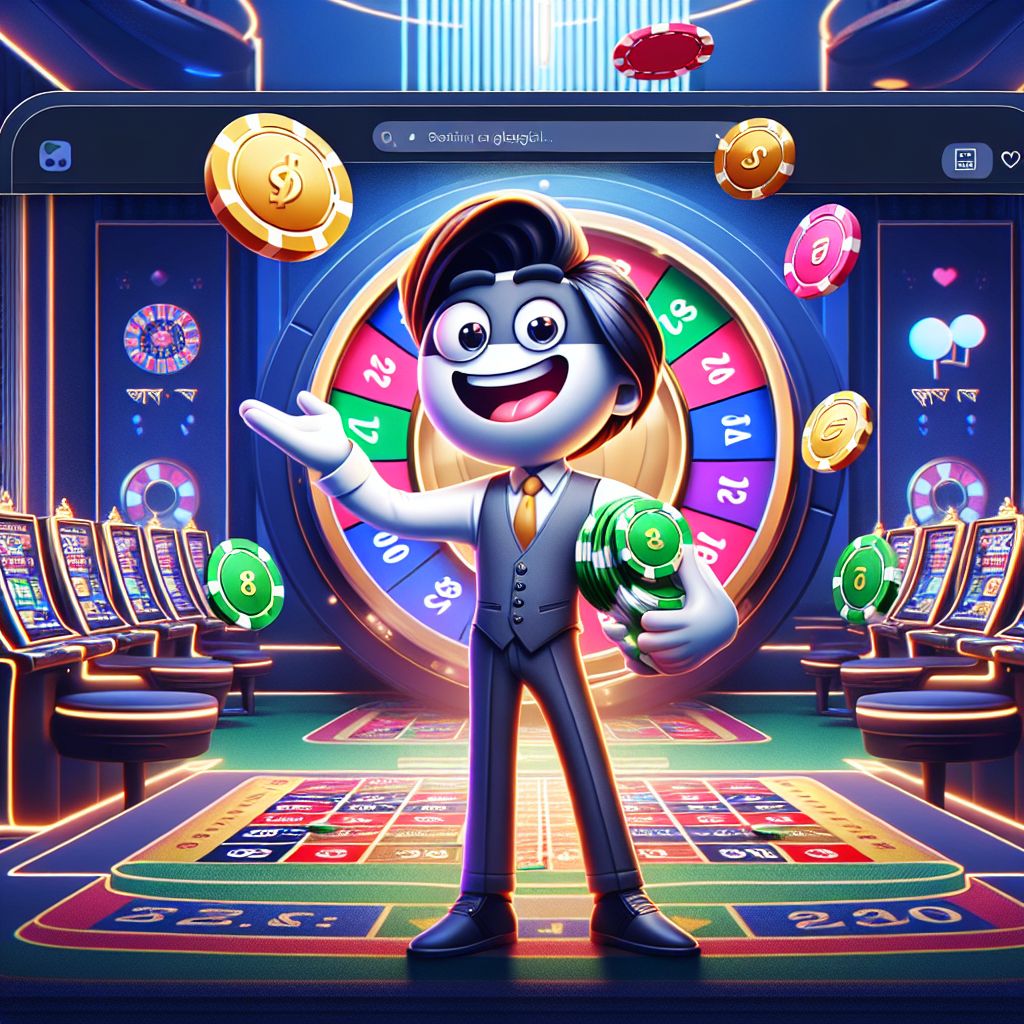 Cartoon casino character holding chips with slot reels and live table icons in the background
