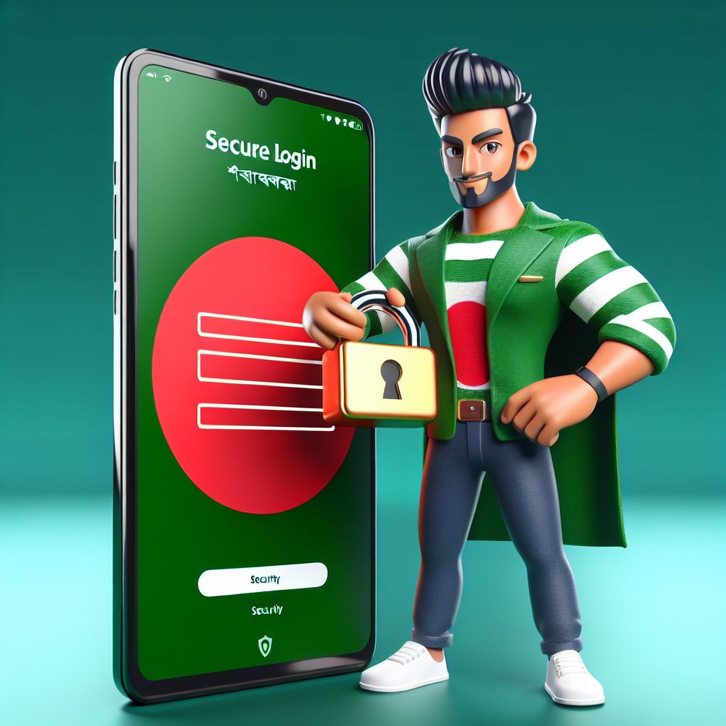 888bed login themed cartoon character holding a phone with a secure sign-in screen and Bangladesh-inspired colors