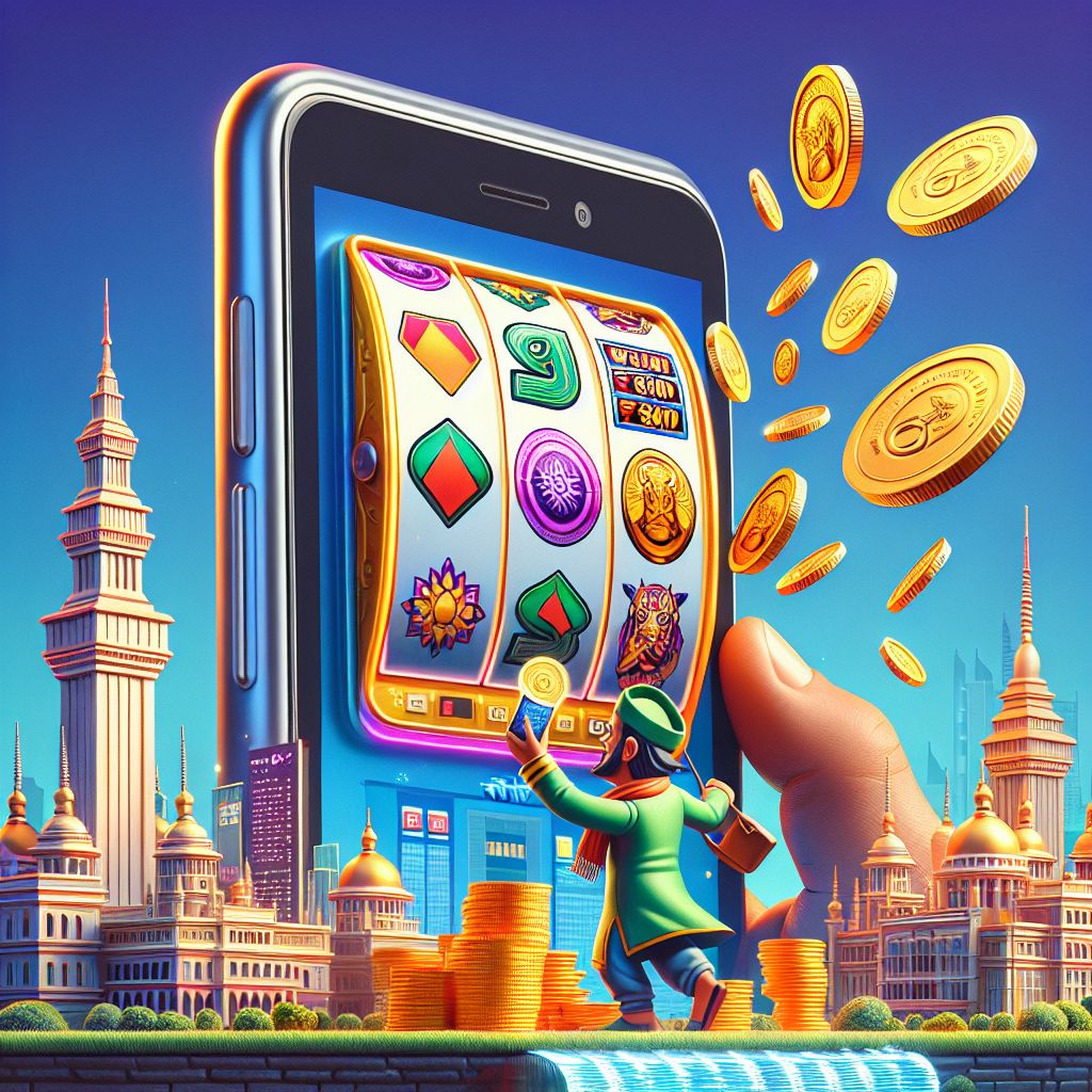 Cartoon-style character celebrating a slot win with reels, coins, and bonus symbols